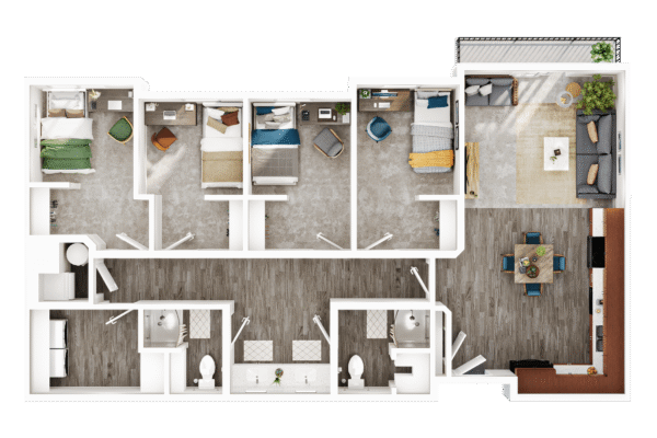 1204tv_Promenade Place FP_Redstone_Unit1_D3 Top-down floor plan of a multi-bedroom apartment showing bedrooms, bathrooms, a kitchen, and a living/dining area.