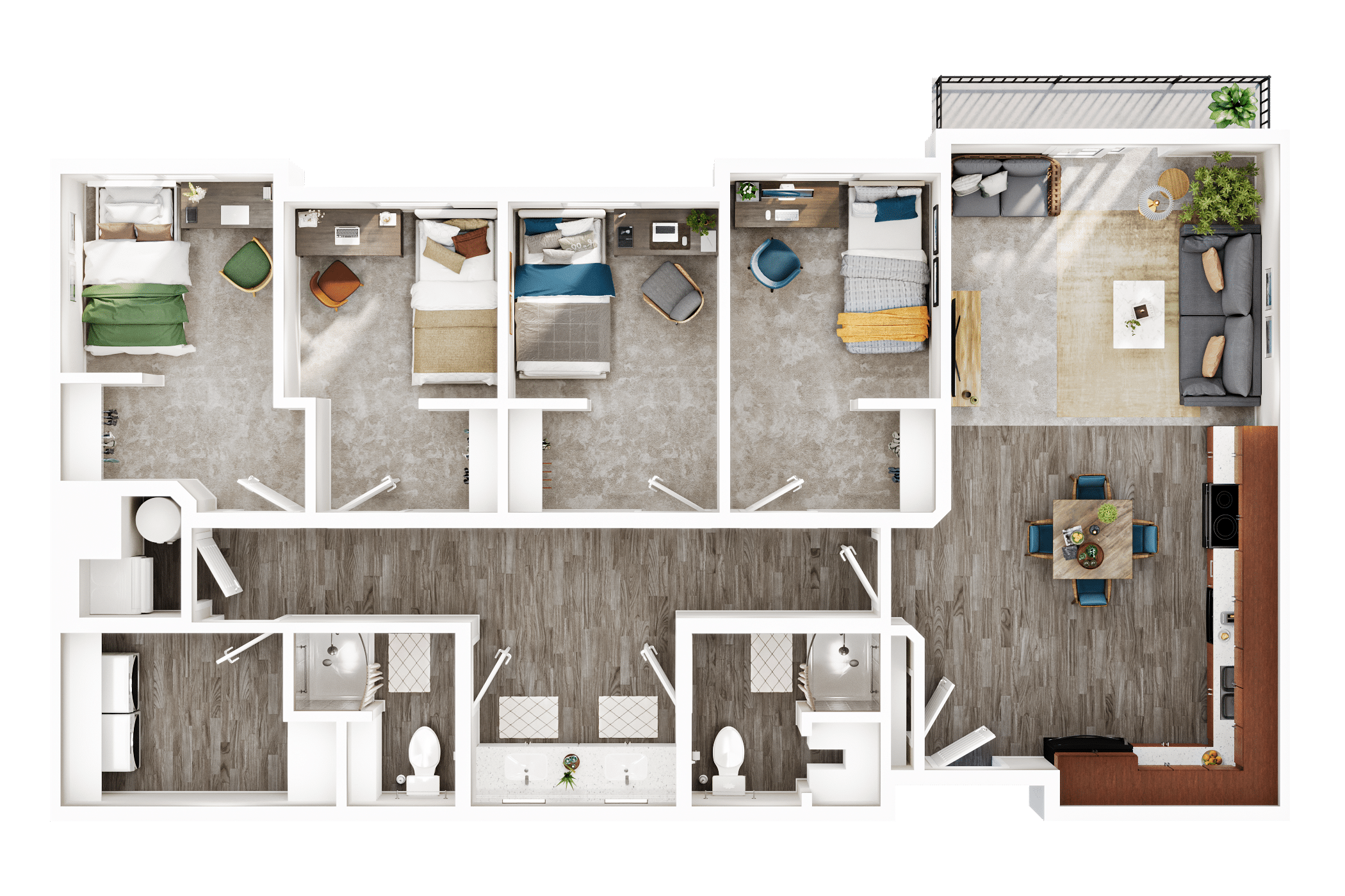 Top-down floor plan of a multi-bedroom apartment showing bedrooms, bathrooms, a kitchen, and a living/dining area.