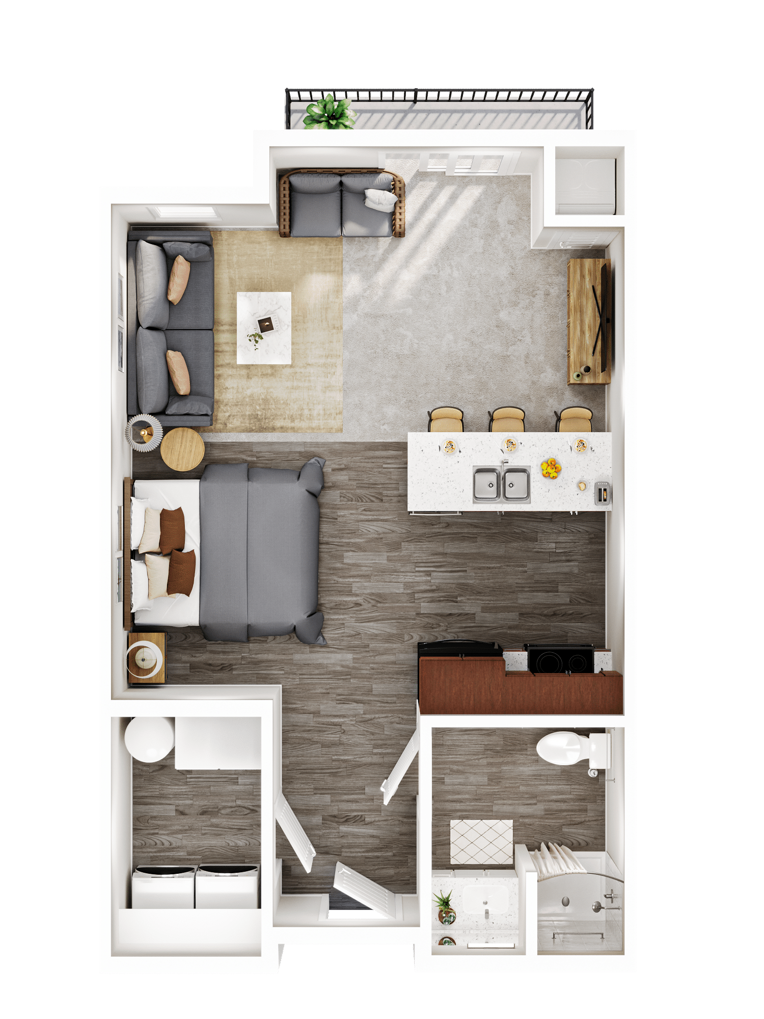 Top-down view of a one-bedroom apartment floor plan showing living area, kitchen island, bedroom, and bathroom.