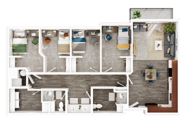 1204tv_Promenade Place FP_Redstone_Unit2_D3 Top-down floor plan of a modern apartment showing bedrooms, bathrooms, and a combined living, dining, and kitchen area with a balcony outside the right side.