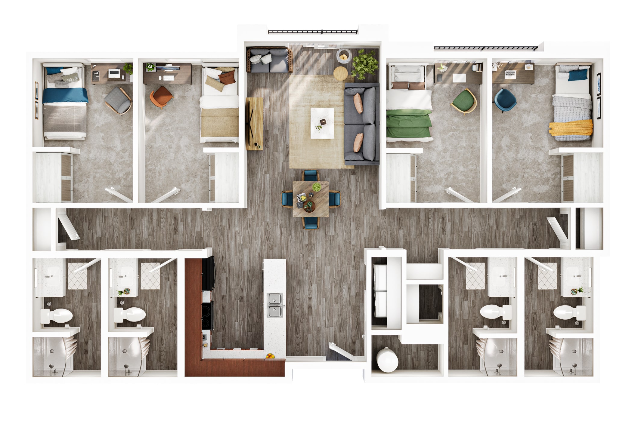 Bird's-eye view floor plan of a multi-bedroom apartment with a central living/dining area and surrounding bedrooms and bathrooms.